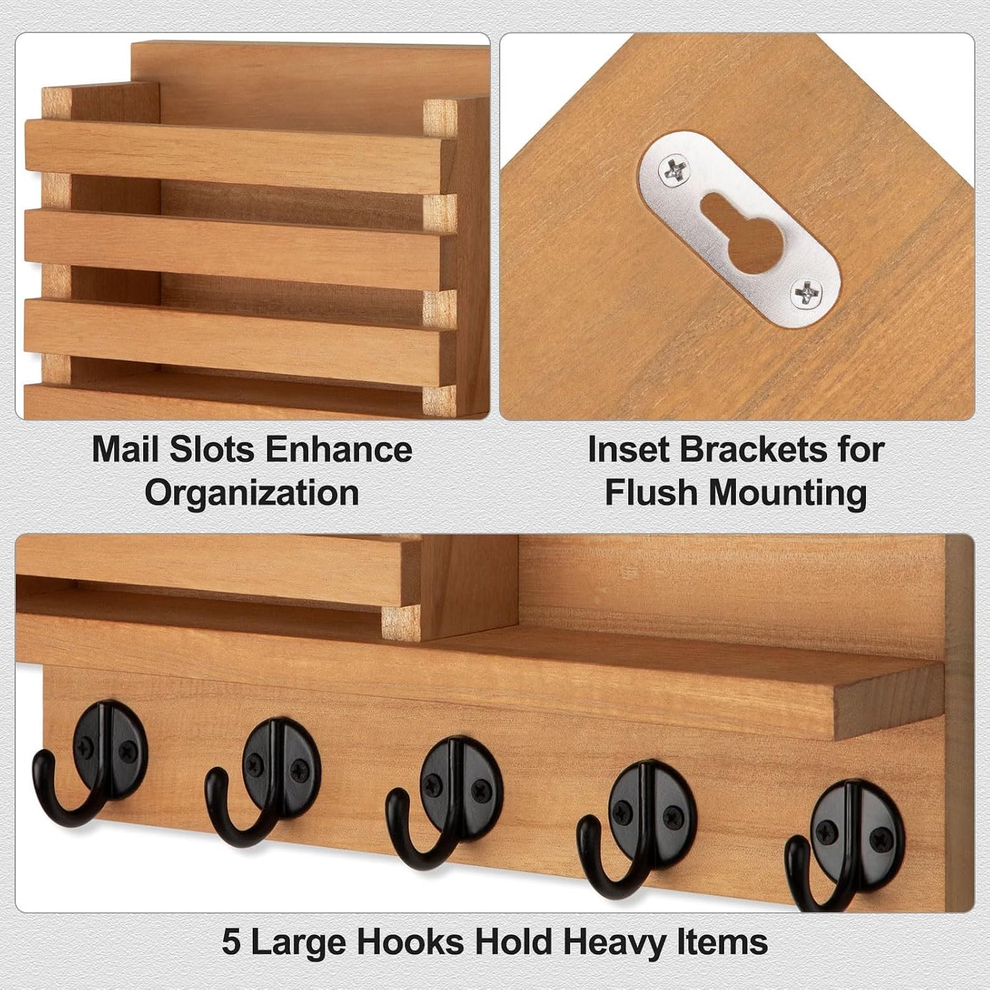 Lwenki Key Holder for Wall – Decorative Wooden Mail Holder and Key Shelf with Mounting Hardware, Installation Guide – Paulownia Wood with Metal Key Hooks (Black, Large - 11.8inch)