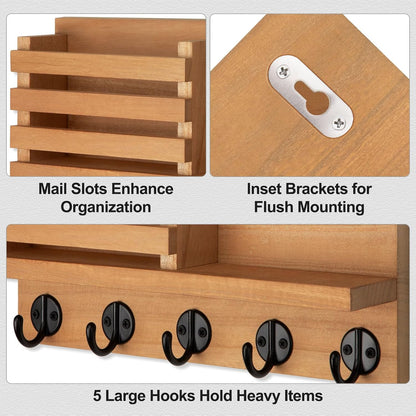 Lwenki Key Holder for Wall – Decorative Wooden Mail Holder and Key Shelf with Mounting Hardware, Installation Guide – Paulownia Wood with Metal Key Hooks (Black, Large - 11.8inch)