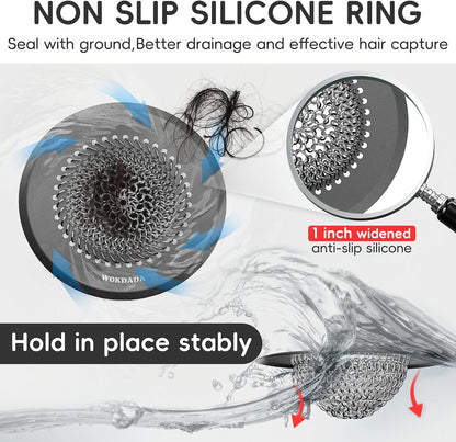 Shower Drain Hair Catcher, Patented Bathtub Drain Cover, Anti-Clog | Reversible Flip Clean, Fast Drainage, Anti-Slip Base, 304 Stainless Steel Chain Mail Mesh, 4.4" for Bathtub & Shower Drains