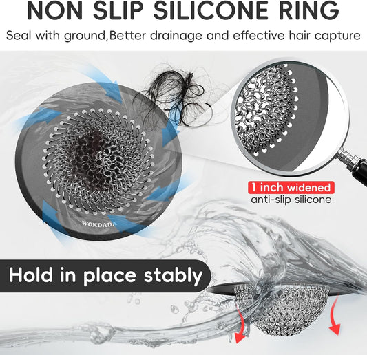 Shower Drain Hair Catcher, Patented Bathtub Drain Cover, Anti-Clog | Reversible Flip Clean, Fast Drainage, Anti-Slip Base, 304 Stainless Steel Chain Mail Mesh, 4.4" for Bathtub & Shower Drains