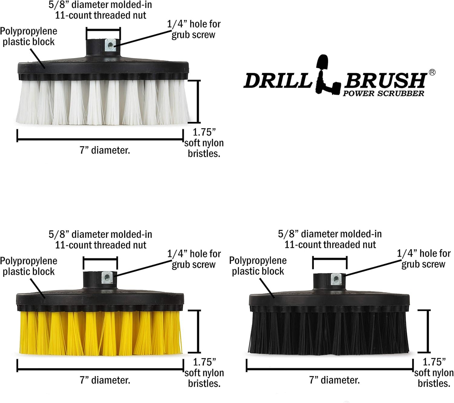7in Boat Brush Variable Speed Polisher Attachment - Medium Yellow Bristles | Bathroom Accessories - Cleaning Supplies - Deck Scrub Brush - 5/8 x 11 Threaded Hub - Tile - Shower Cleaner - Flooring