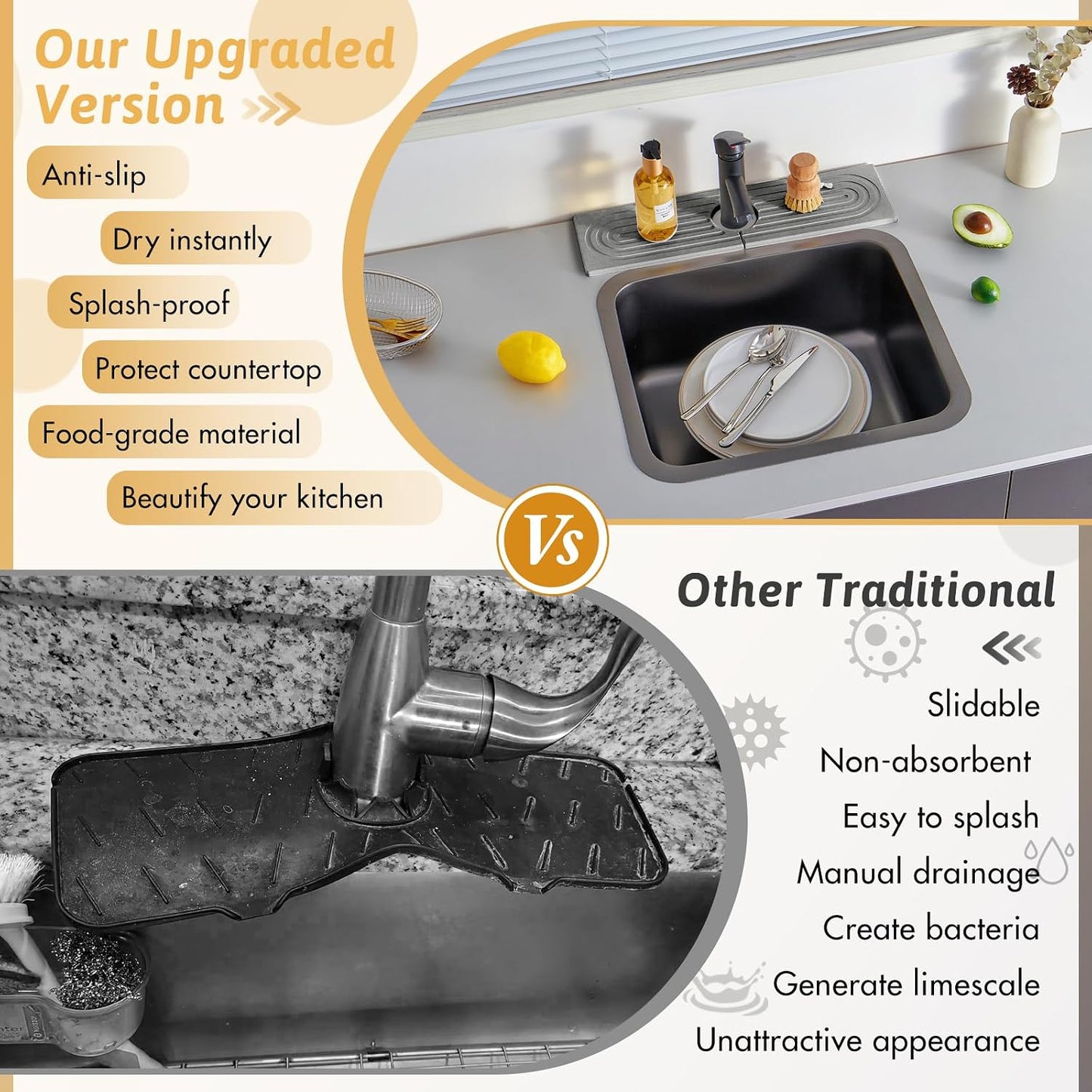Faucet Mat for Kitchen Sink, 18" Wide Diatomite Fast Drying Stone Tray, Super Absorbent, Prevents Moisture Buildup, Faucet Water Splash Guard for Bathroom Counter, Sink Protector Gift for Mom, White