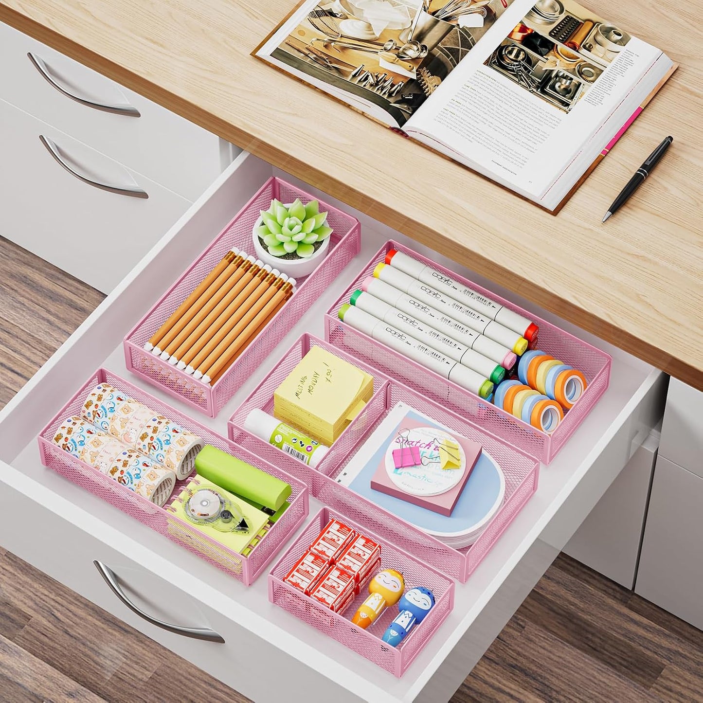 Marbrasse 5 Pack Desk Drawer Organizer Set, Mesh Drawer Storage Trays with 1 Adjustable Divider, Desk Organizers and Accessories, 5 PCS Drawer for Office Supplies, Makeup & Vanity (Black)