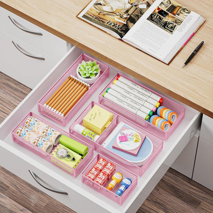 Marbrasse 5 Pack Desk Drawer Organizer Set, Mesh Drawer Storage Trays with 1 Adjustable Divider, Desk Organizers and Accessories, 5 PCS Drawer for Office Supplies, Makeup & Vanity (Black)