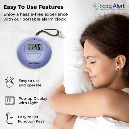 Sonic Alert Digital Alarm Clock - Small Travel Clocks for Heavy Sleepers - Battery Operated with Vibrating Bed Shaker - Purple