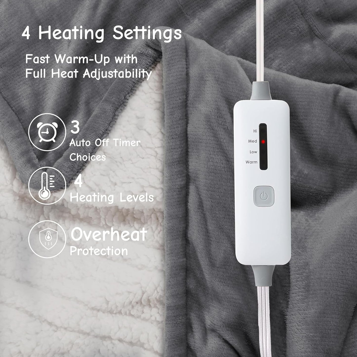 Soypipo Electric Heated Throw Blanket 50"x60", Faux Fur Plush with 4 Heat Settings & 2/4/8/10H Auto Shut-Off, Overheat Protection, Machine Washable, for Office & Chair, Dark Grey