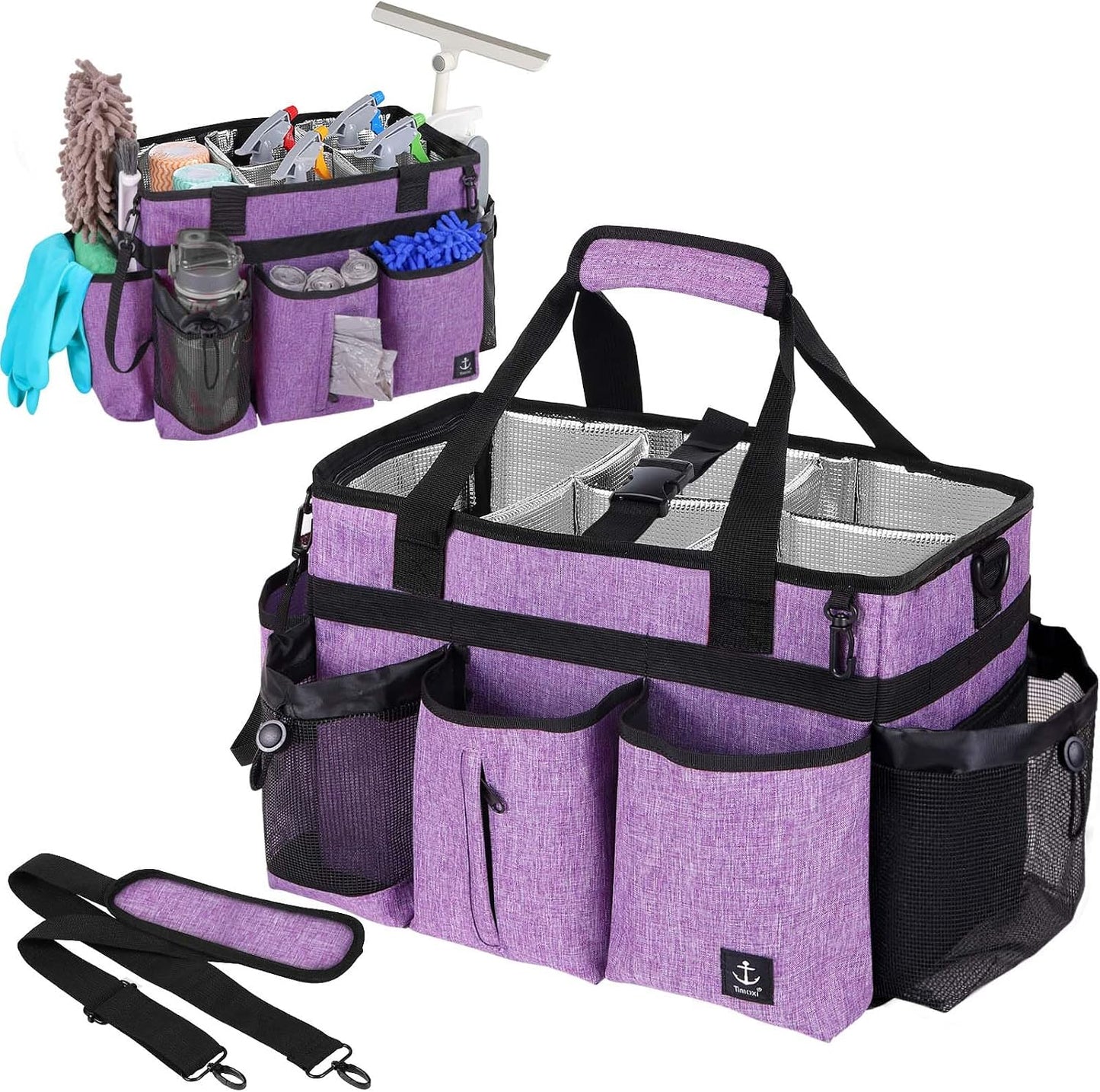 Large Cleaning Caddy Bag Built-in hard plastic sheet Aluminum foil lining | Waterproof nylon, aluminum foil lining, detachable dividers, dual straps for housekeepers