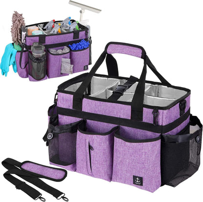 Large Cleaning Caddy Bag Built-in hard plastic sheet Aluminum foil lining | Waterproof nylon, aluminum foil lining, detachable dividers, dual straps for housekeepers