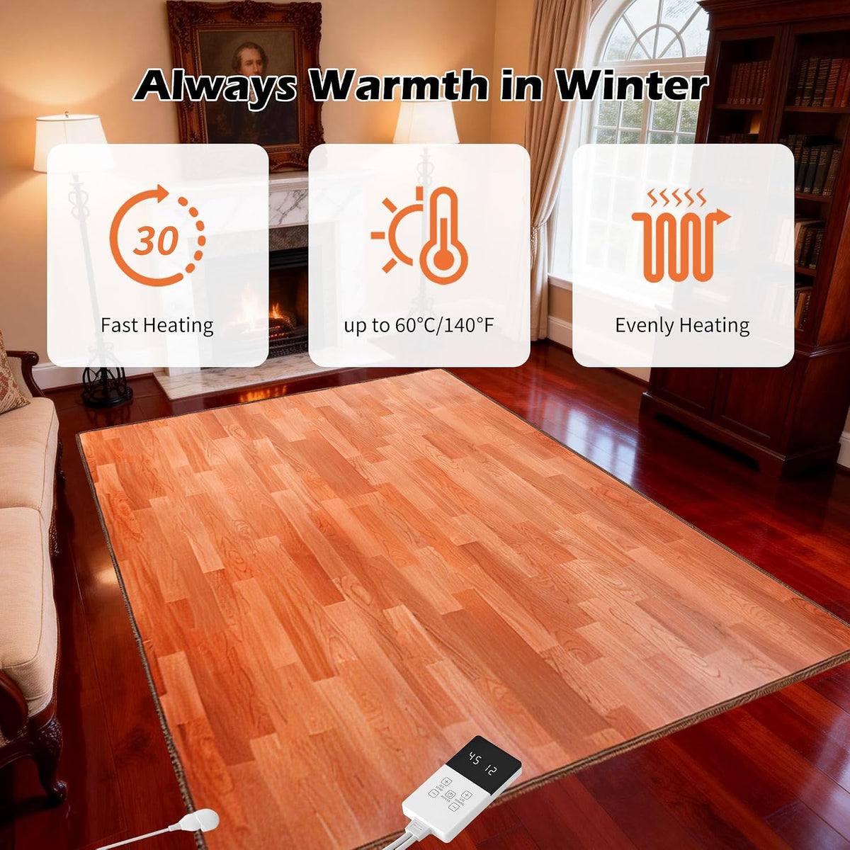 120V Electric Heated Mat Easy Clean PVC Surface Heating Carpet Space Heater Floor Rug with Timer Fast Warm Up for Living Room Office Play Room 600W 39x59 inch NM