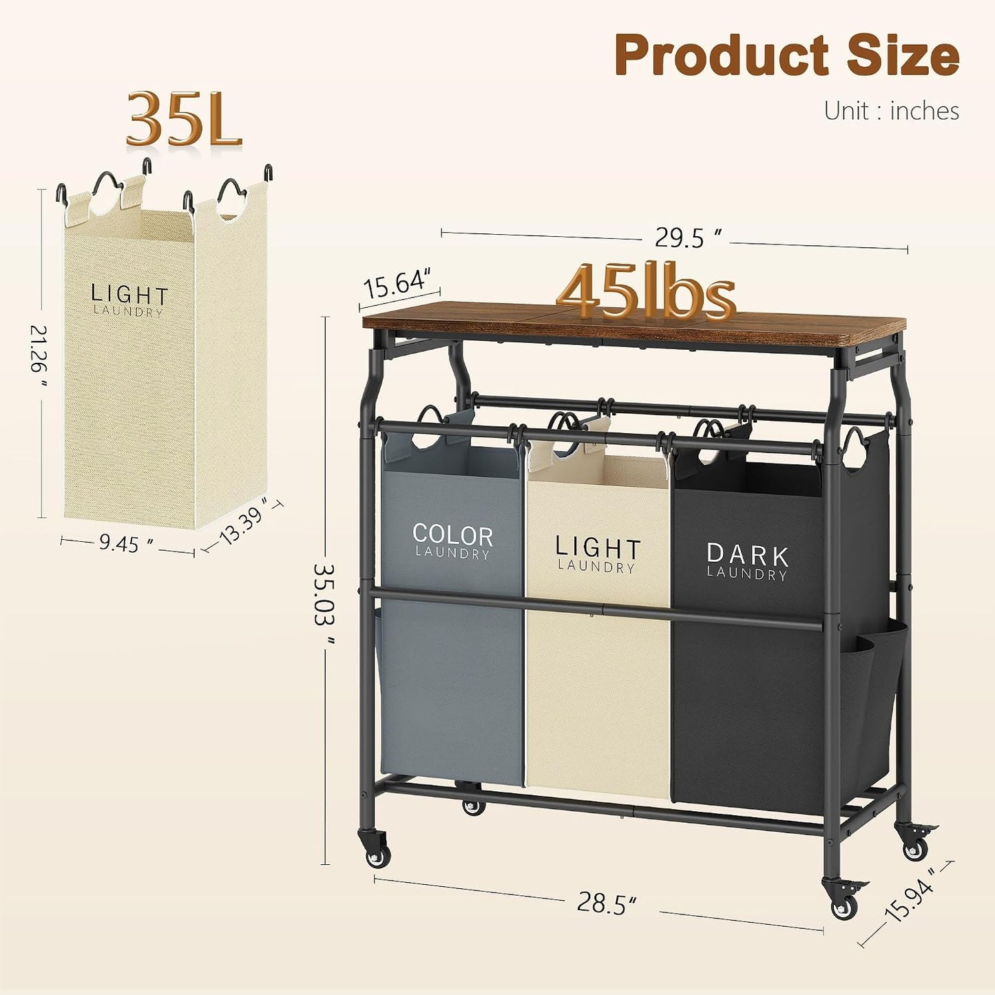 Hoctieon 3 Section Laundry Sorter with Iorning Board, Laundry Hamper, Black | Lockable Wheels, Laundry Basket Organizer with Wheels, Heavy Duty Clothes Organizer, Large Clothes Separator, Removable Bags