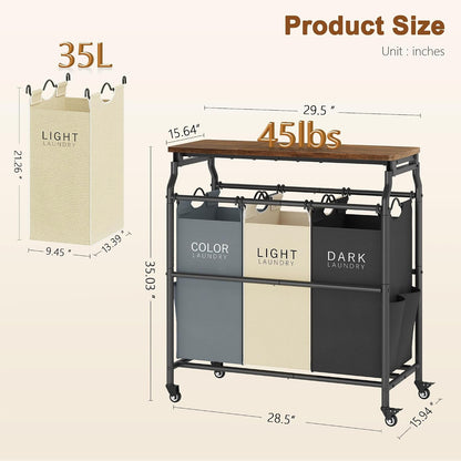 Hoctieon 3 Section Laundry Sorter with Iorning Board, Laundry Hamper, Black | Lockable Wheels, Laundry Basket Organizer with Wheels, Heavy Duty Clothes Organizer, Large Clothes Separator, Removable Bags