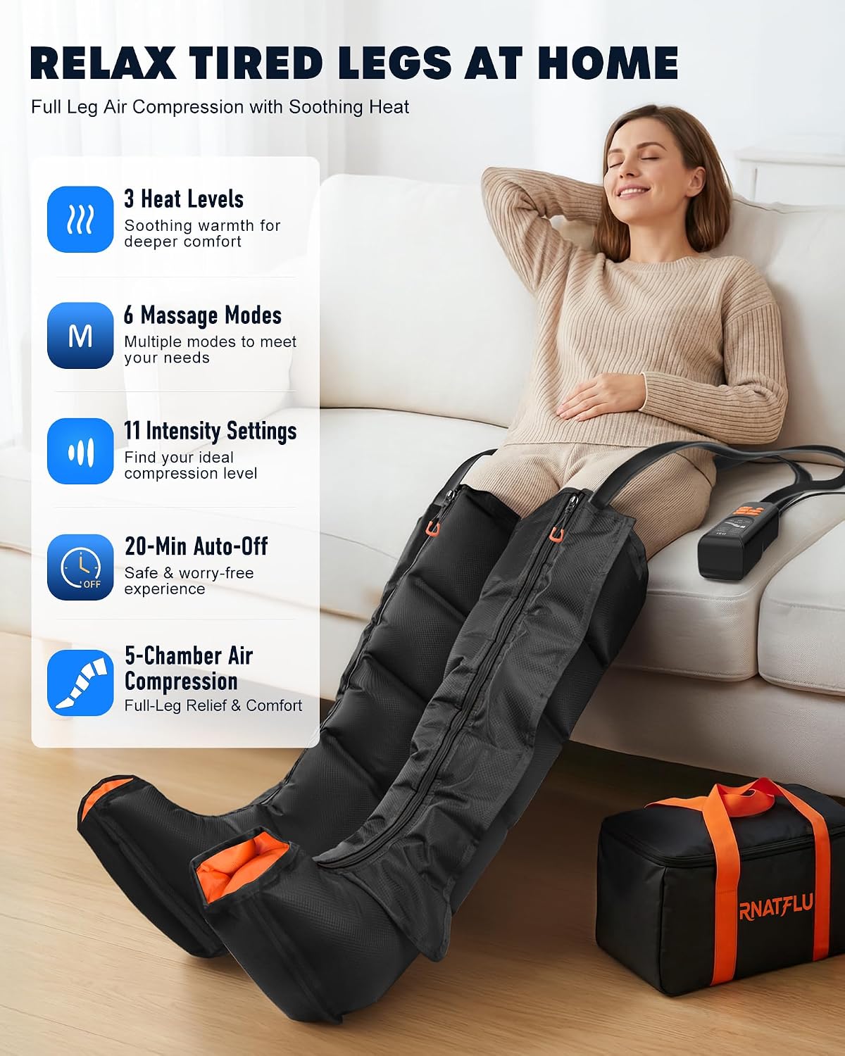 Air Compression Leg Massager with Heat for Circulation, Pain Relief | Sequential Full Leg Recovery Compression Boots, 11 Intensity , 6 Modes, 3 Heat, Pressure Sensor, Post-Workout & Daily Relief