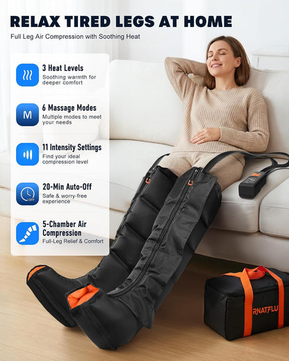 Air Compression Leg Massager with Heat for Circulation, Pain Relief | Sequential Full Leg Recovery Compression Boots, 11 Intensity , 6 Modes, 3 Heat, Pressure Sensor, Post-Workout & Daily Relief