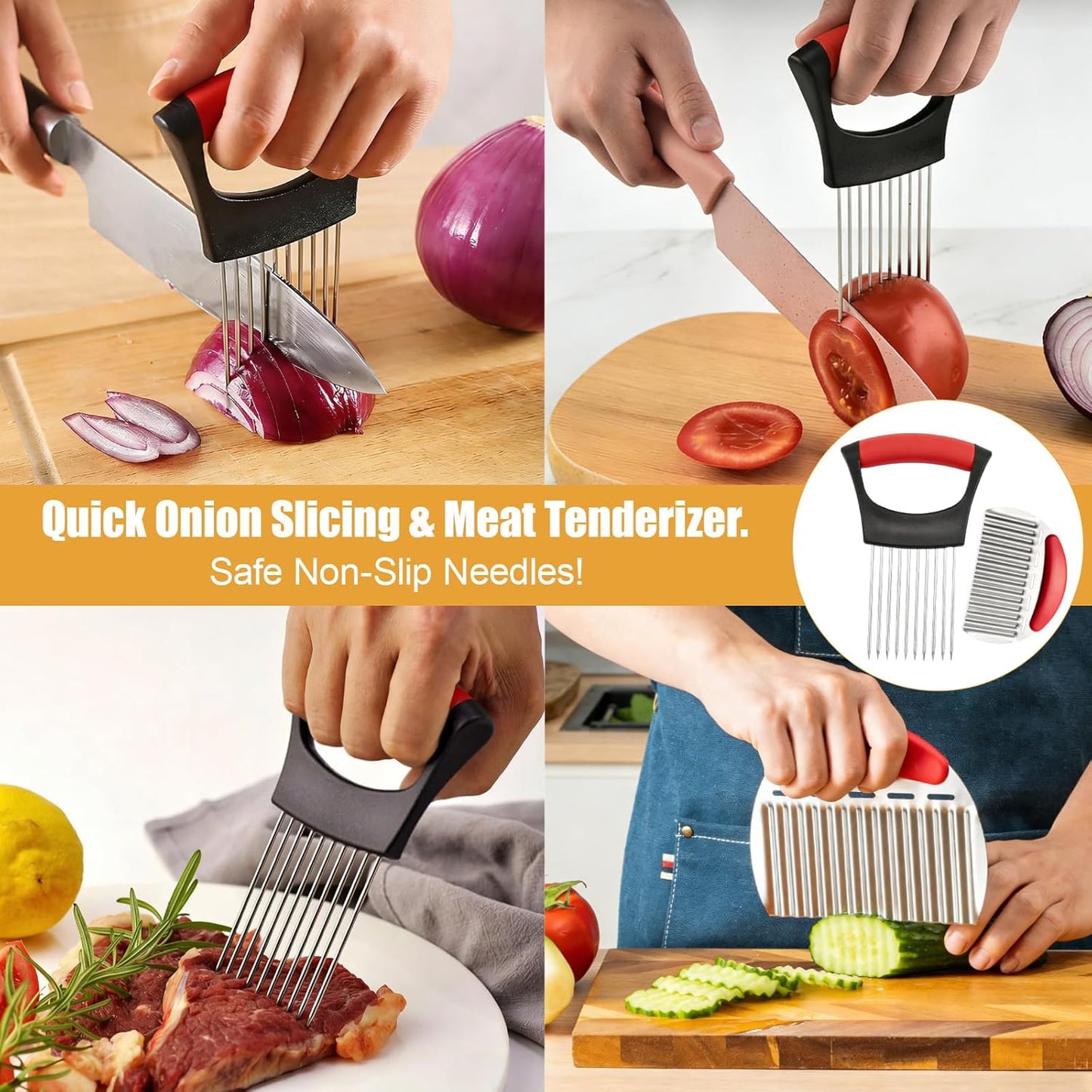 Onion Holder for Slicing, Stainless Steel Guide with French Fry Cutter | Onion holder for slicing guides even cuts and helps protect fingers; includes a wavy cutter for fries and vegetables.