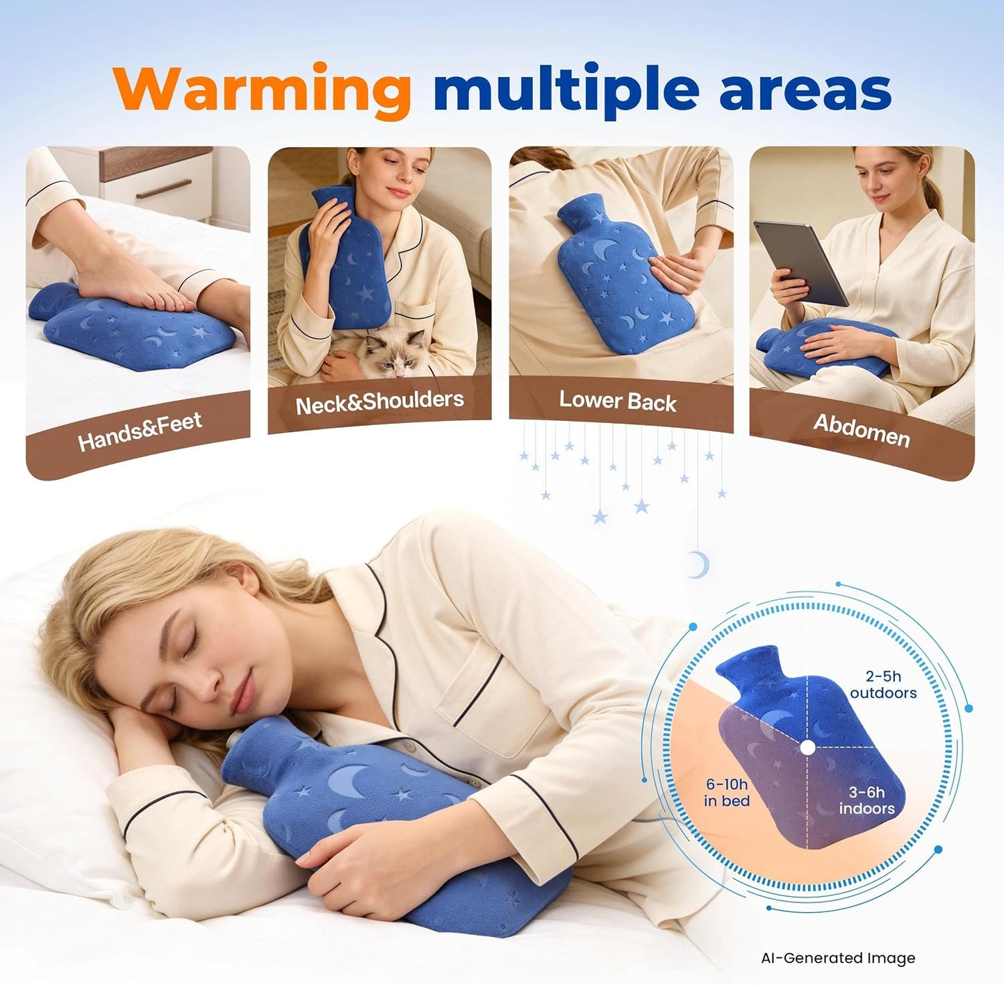 Hot Water Bottle with Soft Cover, 2L Hot Water Bag for Menstrual Cramps, Neck and Shoulder Pain Relief, Hot and Cold Therapies, Hand Feet Warmer, Blue