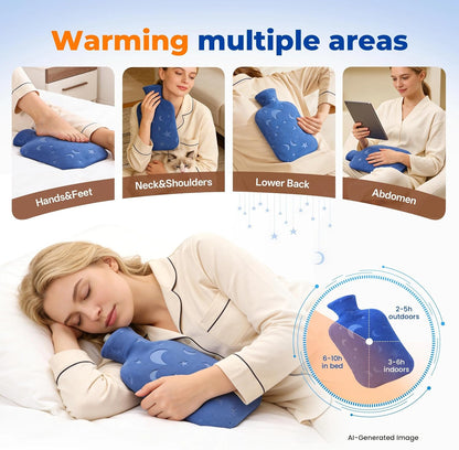 Hot Water Bottle with Soft Cover, 2L Hot Water Bag for Menstrual Cramps, Neck and Shoulder Pain Relief, Hot and Cold Therapies, Hand Feet Warmer, Blue