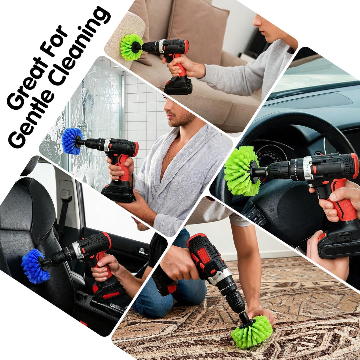 5pcs Drill Brush Set, Soft Bristle & Medium Bristle | for Car Interior, Floor, Grout, Toilet, Sink, Upholstery, Carpet