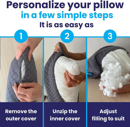 Sidney Sleep Adjustable Curved Pillows for Neck and Shoulder Support with Extra Shredded Fill - Cervical Contour Pillow for Side and Back Sleepers - Queen Size 19" x 29" CertiPUR-US Certified (White)