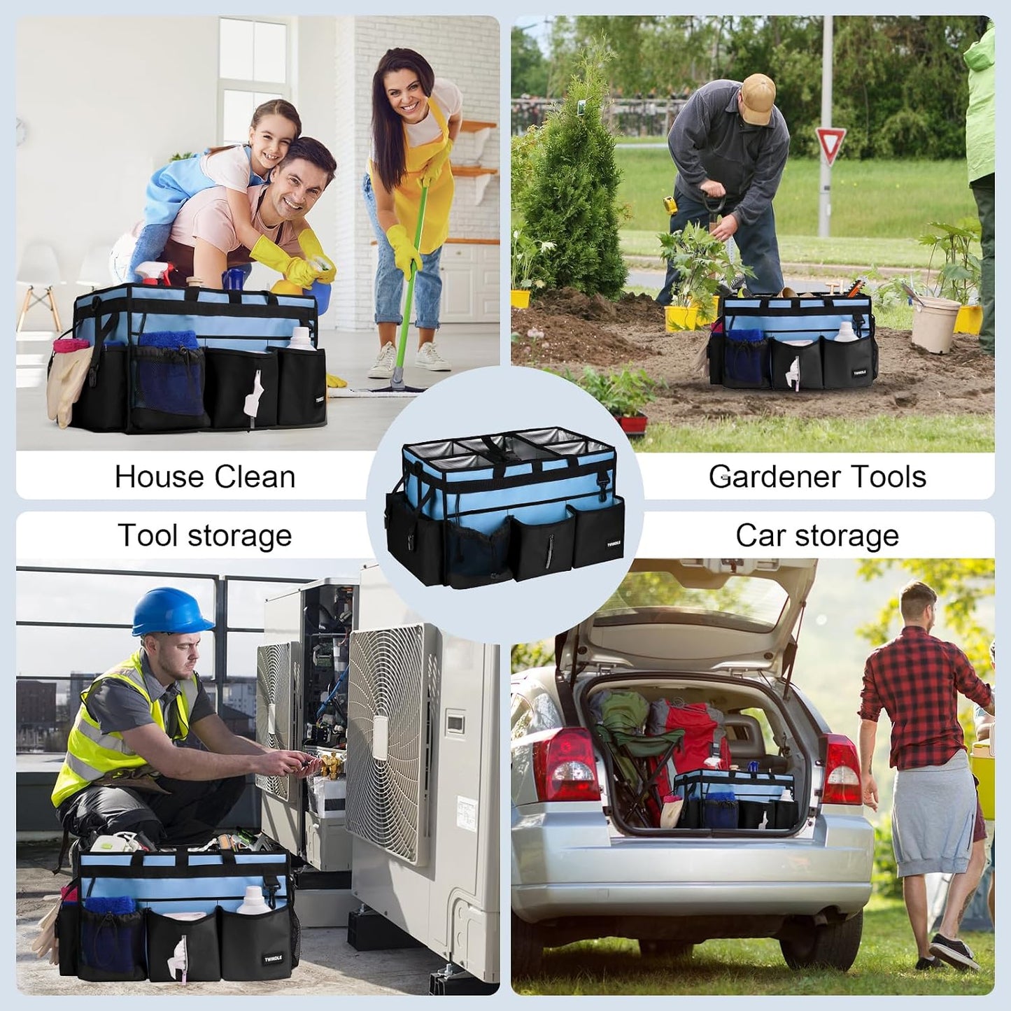 Extra Large Cleaning Caddy Bag with Built-In Support Board, Cleaning Tote Organizer with Removable Divider, Supply Carryall with Adjustable Shoulder Strap and Waist Belt for Cleaners & Housekeeper