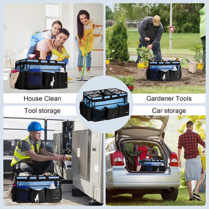 Extra Large Cleaning Caddy Bag with Built-In Support Board, Cleaning Tote Organizer with Removable Divider, Supply Carryall with Adjustable Shoulder Strap and Waist Belt for Cleaners & Housekeeper