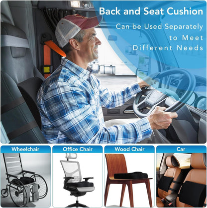 QUTOOL Seat Cushion and Lumbar Support Set for Office Chair – Supports Lower Back & Hips for Long Sitting Comfort, Helps Maintain a Comfortable Sitting Position, Ergonomic Memory Foam, Washable Cover