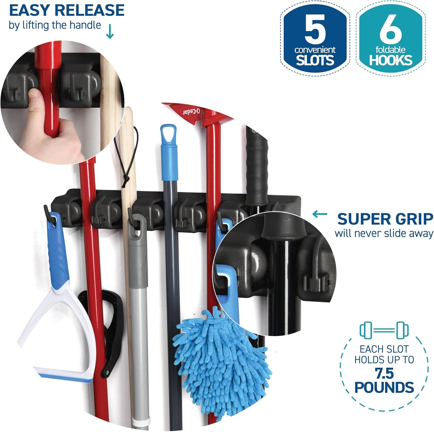 HOME IT Broom and Mop Holder Wall Mount – Heavy Duty Garage Organizer with 5 Slots & 6 Hooks, 7.5lbs Capacity Per Slot - Easy Install Storage Rack for Home, Kitchen, Laundry Room & Garden - Off-White