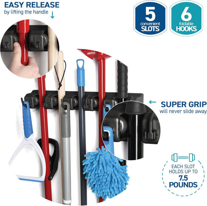 HOME IT Broom and Mop Holder Wall Mount – Heavy Duty Garage Organizer with 5 Slots & 6 Hooks, 7.5lbs Capacity Per Slot - Easy Install Storage Rack for Home, Kitchen, Laundry Room & Garden - Off-White