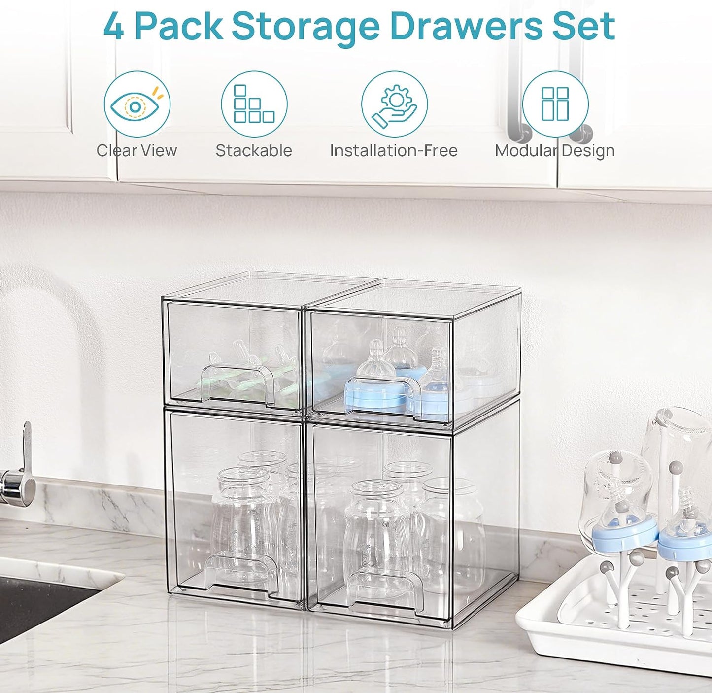 Vtopmart Clear Stackable Storage Drawers Set of 6, Plastic Organizer Bins | Multi-purpose Boxes for Bathroom Accessories Storage, Ideal for Cabinet, Shelf, Pantry, Laundry Room Organization
