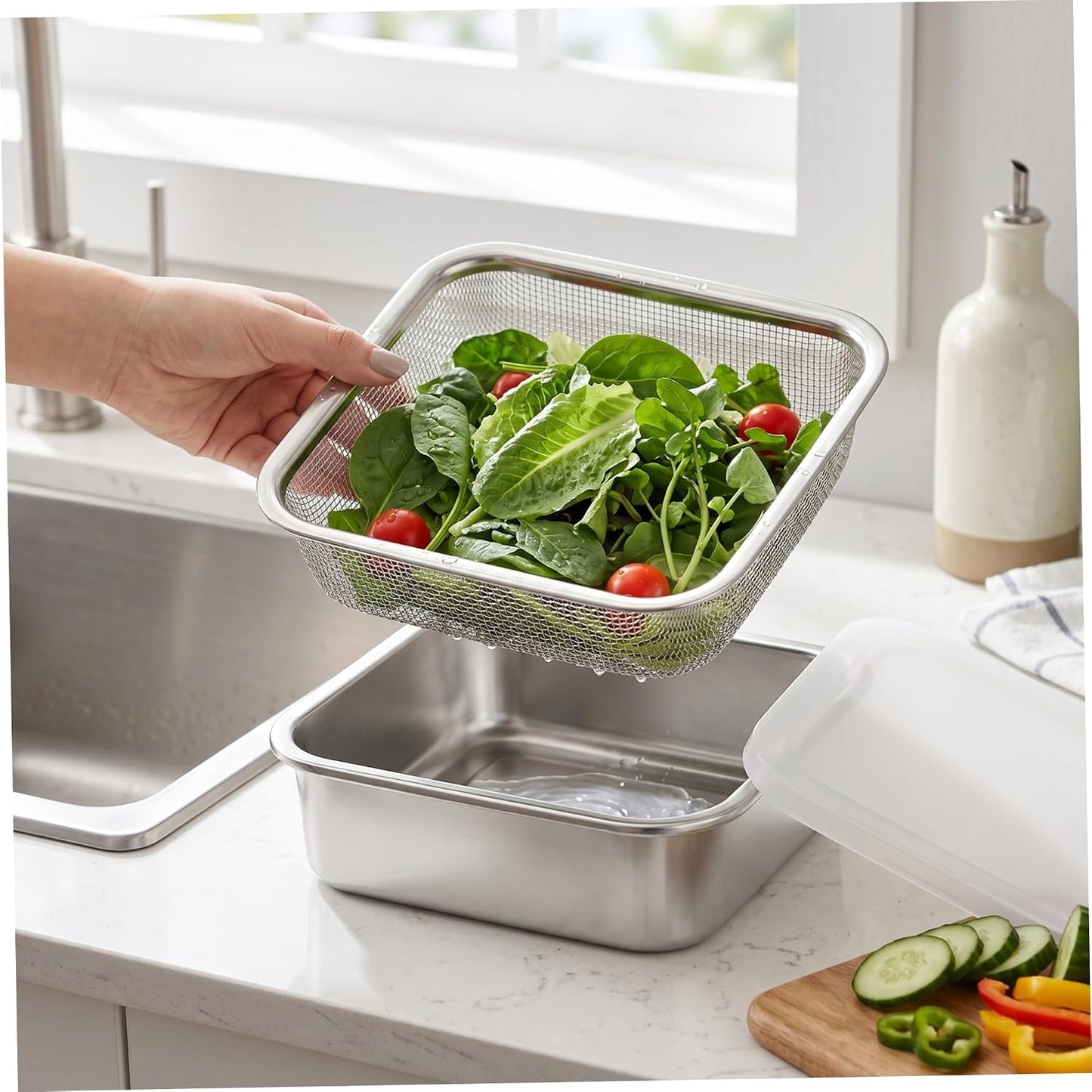 Square Strainer, 3PCS/Set Fruit Storage Containers For Fridge, 304 Stainless Steel Square Strainer With Lid, Lettuce Keeper & Dish, 1500ml, Fruit Storage Containers For Fridge