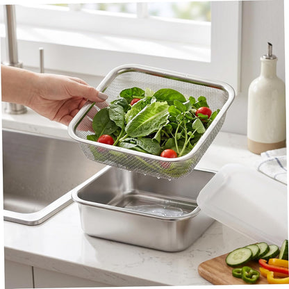 Square Strainer, 3PCS/Set Fruit Storage Containers For Fridge, 304 Stainless Steel Square Strainer With Lid, Lettuce Keeper & Dish, 1500ml, Fruit Storage Containers For Fridge