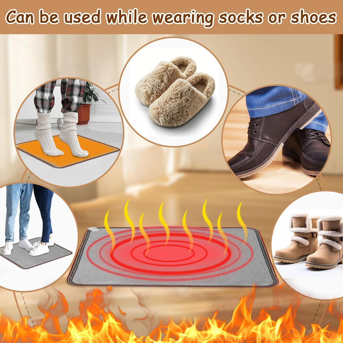QOUBAI PVC 110V Heated Floor Mat Heater for Foot Warmer Under Desk 22 x 20 Inch Electric Heating Pad Energy Saving Carpet Pad Indoor Floor Heated Rug for Home Office Bathroom House Gray