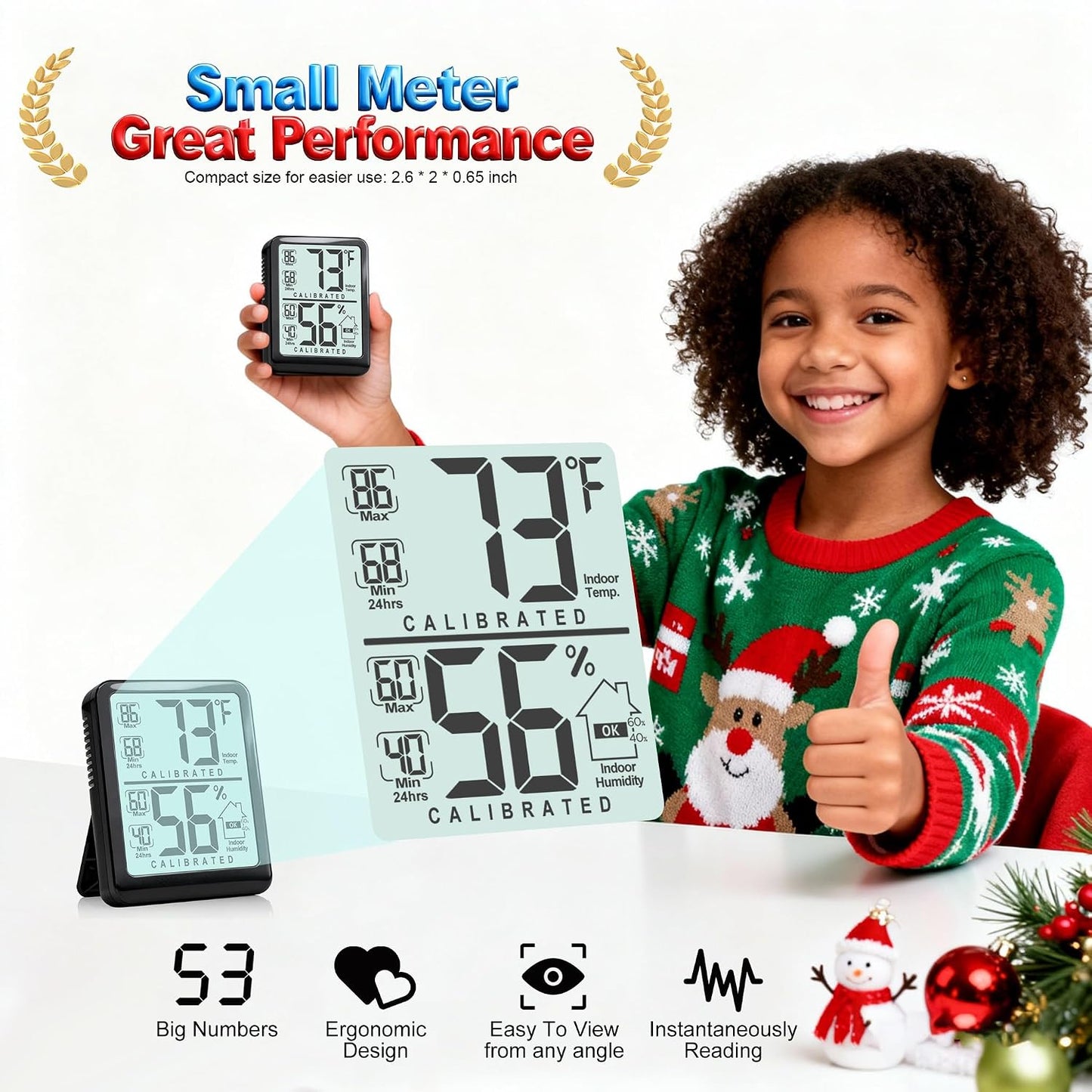 Room Thermometer Indoor Hygrometer, Temperature and Humidity Meter | W/ Battery, 24h Max/Min Record, Accurate Sensor, Fast Refresh, Easy to View, ℉/℃, Durable Kickstand, Compact, for Home Office