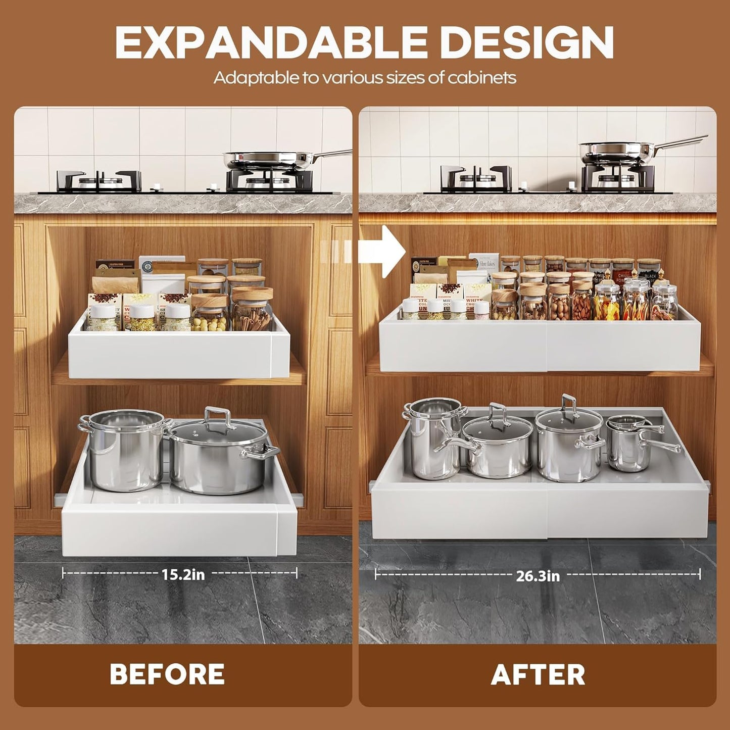 Seinloes 2Pack Expandable Pull Out Cabinet Organizer 21"Deep With Raising Pad for Framed Cabinets, Upgrade 3 Slide Rails Slide Out Drawers, Roll Out Shelves Adhesive,Adjustable Width 12.05"-20.4"White