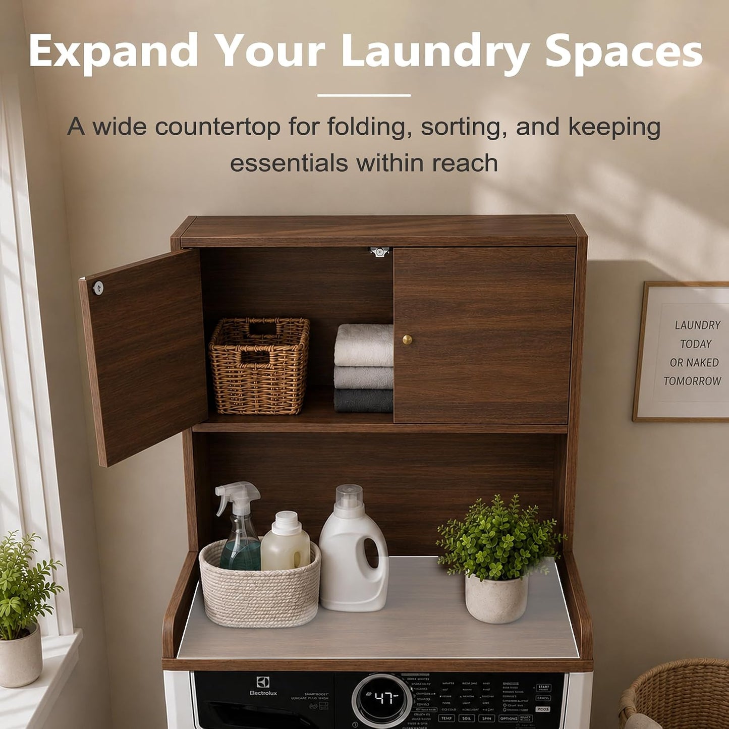 Laundry Storage & Organization (Oak) | Washer and Dryer Topper with Edge, Over Washer and Dryer Shelves for Laundry Room, Universal Fit, 27.5"Wx27.5"Dx29"H