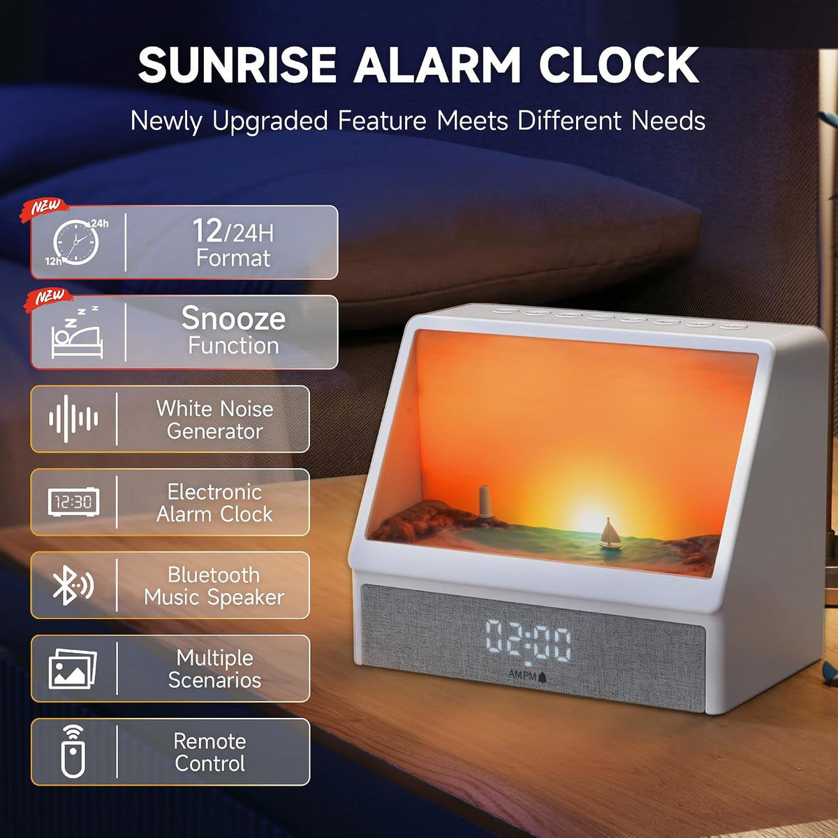 Sunset Alarm Clock，Natural Wake-Up Light White Noise Machine