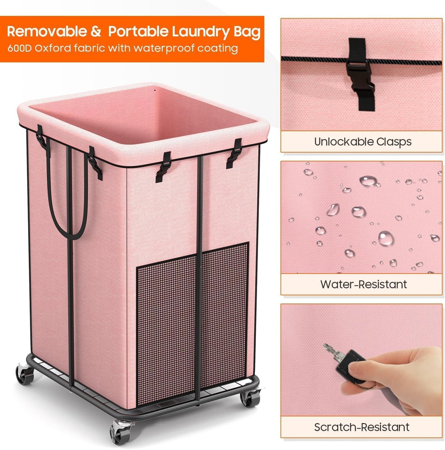 Laundry Hamper with Wheels, 150L Rolling Laundry Basket with Bag & Handles | Sturdy Metal Frame | Removable Bag | Large & Tall Dirty Clothes Hampers for Laundry Room, Bedroom, Dorm, Bathroom-Black