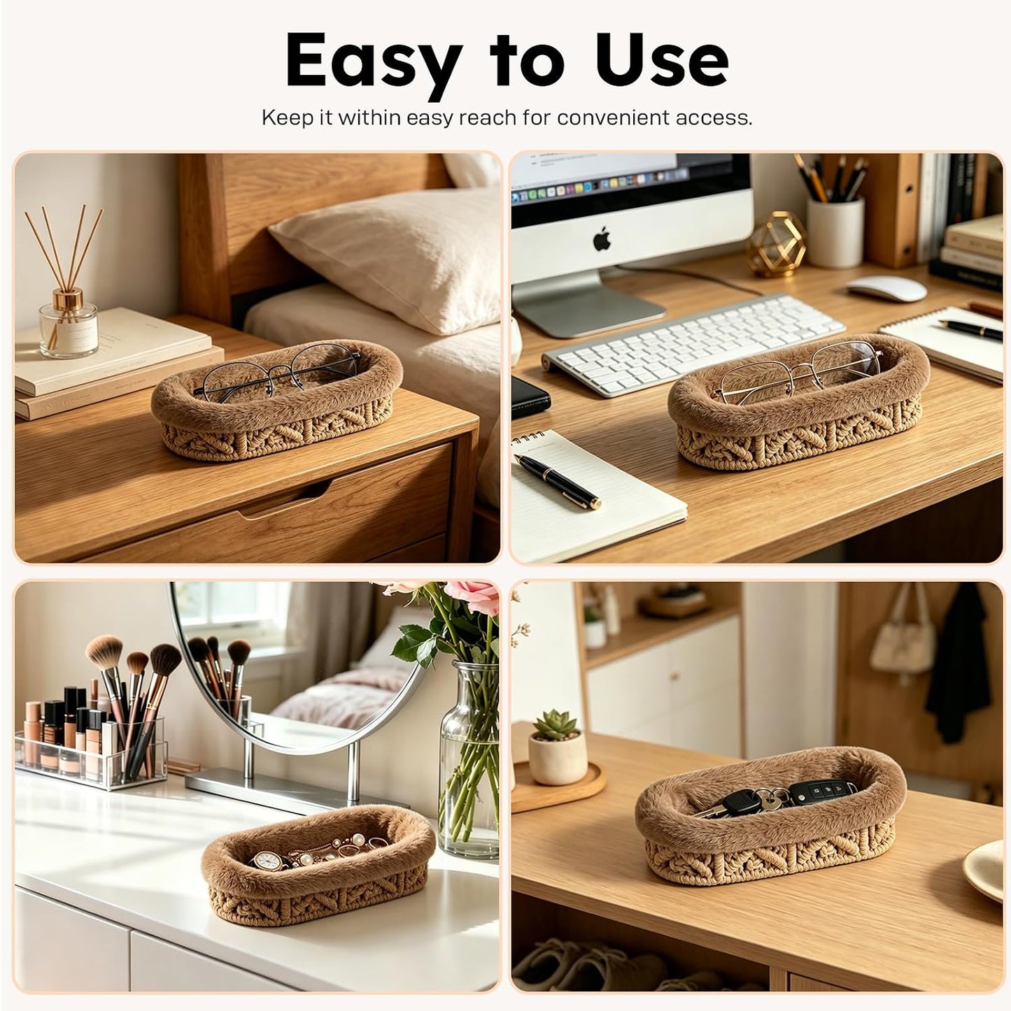 Glasses Holder, Anti-scratch Plush Lined Eyeglass Holder Stand | Oval Eye-glasses Storage Organizer Case for Nightstand, Office Desk, Bedside Table, Beige