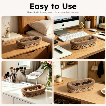 Glasses Holder, Anti-scratch Plush Lined Eyeglass Holder Stand | Oval Eye-glasses Storage Organizer Case for Nightstand, Office Desk, Bedside Table, Beige
