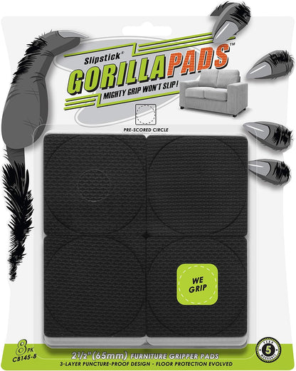 Slipstick GorillaPads CB144 Non Slip Furniture Pads/Grippers (Set of 8) Furniture Feet Floor Protectors, 2 Inch Round, Black