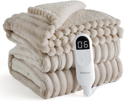 Bedsure Heated Blanket Electric Throw - Thick Striped Fast Heating Electric Blanket with Preheat Function, 6 Heat & 6 Timer (Up to 10H), 8H Auto Off, ETL Certified, Gifts for Women (50"x60", White)