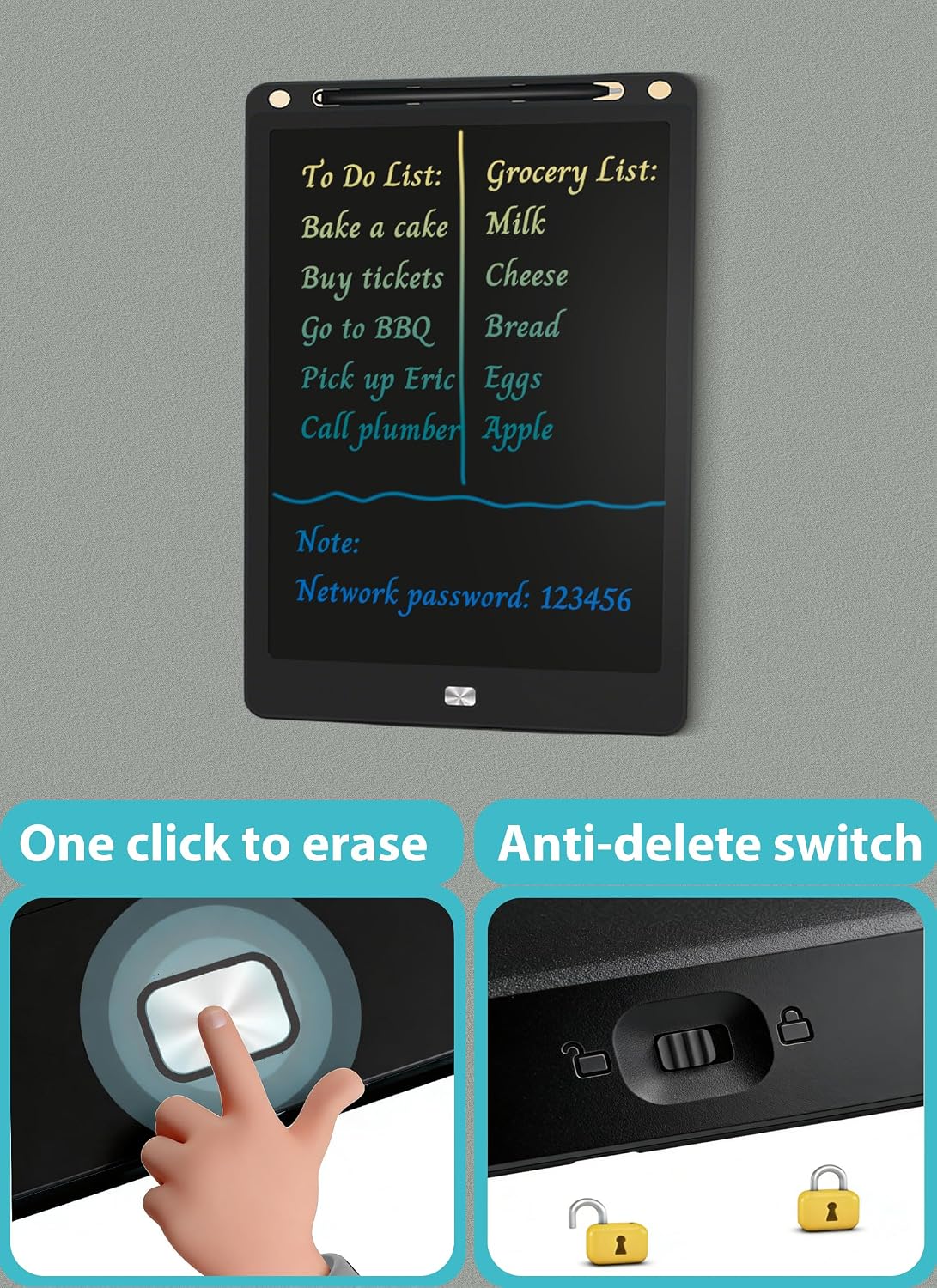 Magnetic Grocery List Pad for Fridge, 13Inch LCD Writing Tablet Magnet Fridge Board to Do Lists Shopping List Message Notepad for Refrigerator with One-Click Erase, Writing Pen (13inch)