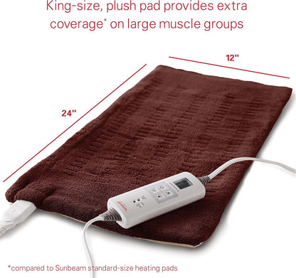 Sunbeam XL Back Neck and Shoulder Heat Therapy 12 x 24 with Auto Shut Off 6 Settings Machine-Washable Comfortable Microplush Fabric - Burgundy