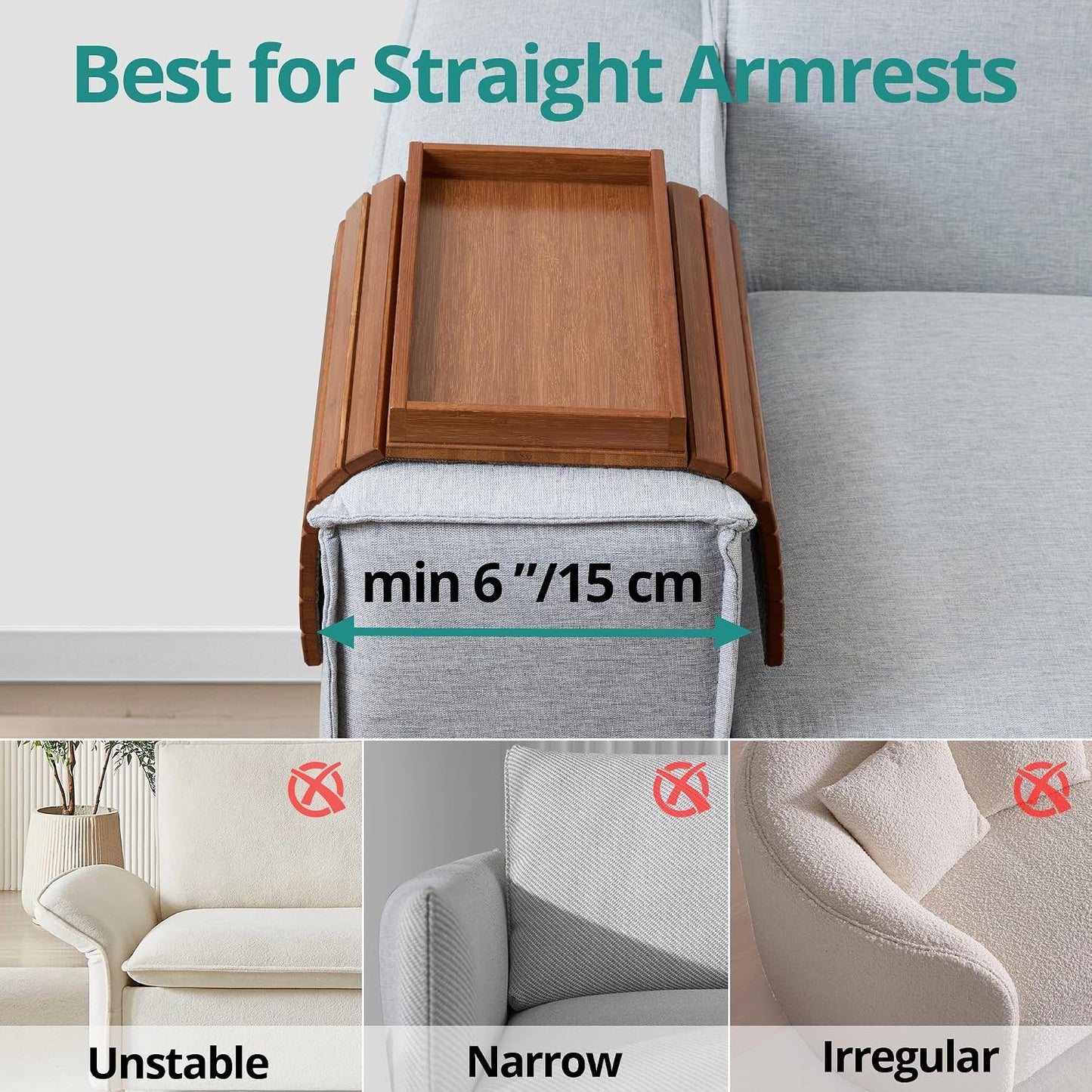 DETOR Couch Arm Tray with Spacious 12.4" x 5.4" Storage Box, Walnut Bamboo Finish, Enhanced Non-Slip Felt Bottom, Sturdy Bamboo Slats, Fits Armrests 6" and Wider