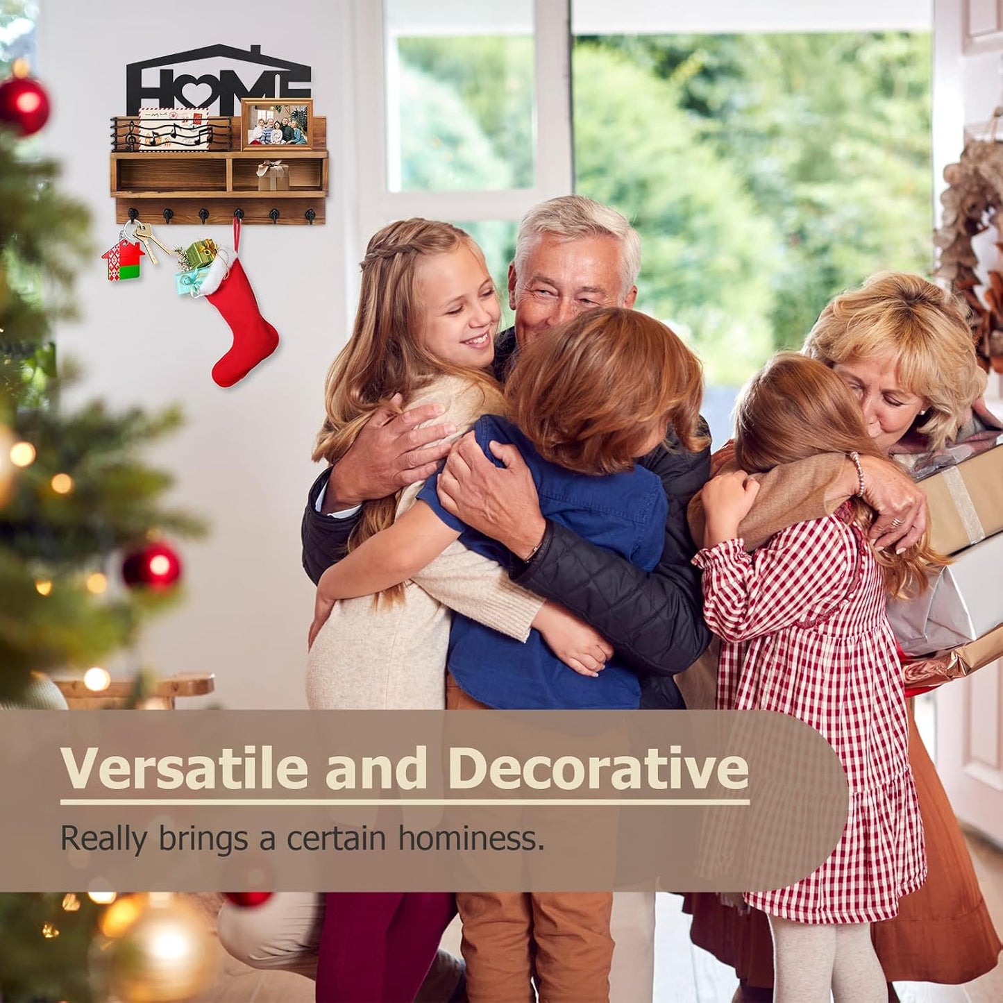 VIS'V Key Holder Wall Mount, Decorative Wood Mail and Key Organizer, White | Contains Iron Storage Basket, Small Shelf, 2 Compartments, 6 Hooks, for Entryway, Hallway, Doorway, Kitchen, Garage, RV