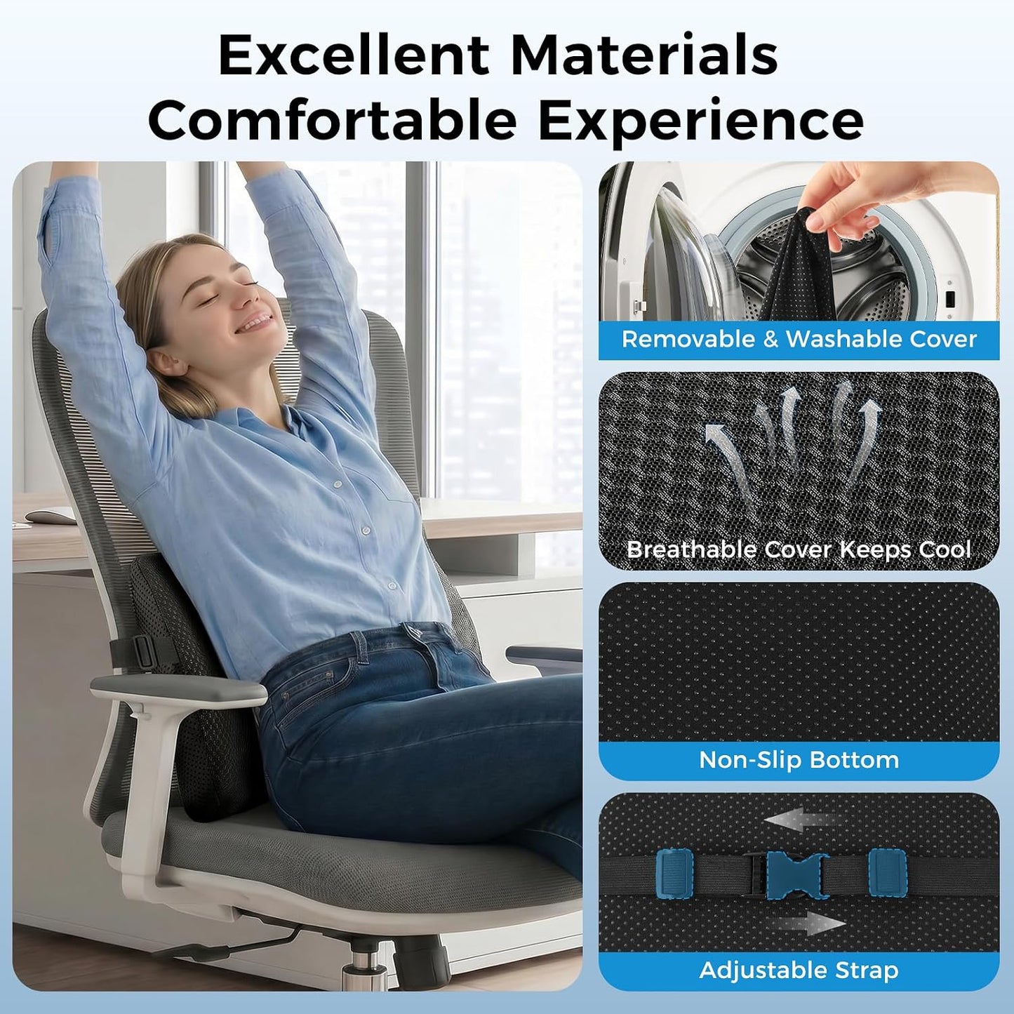 Lumbar Support Pillow for Car & Office Chair - High-Density Memory Foam Back Cushion for Sciatica & Lower Back Pain Relief - Non-Slip Support for Long Commutes & Desk Workers (Black)