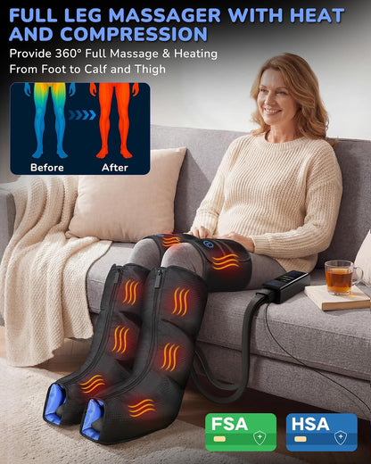 Leg Compression Massager with Heat for Circulation and Pain Relief | Sequential Full Leg Air Compression Boots, Recovery System, 6 Mode, 9 Intensity, 3 Heat, Plug-in Use, Mom, Dad, Athletes, Gym