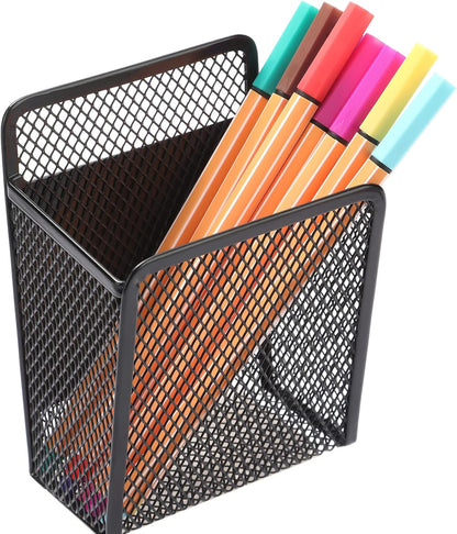 Magnetic Pencil Holder - Extra Strong Magnets Mesh Marker Holder | Perfect for Whiteboard, Refrigerator and Locker Accessories (1 Baskets, Black)