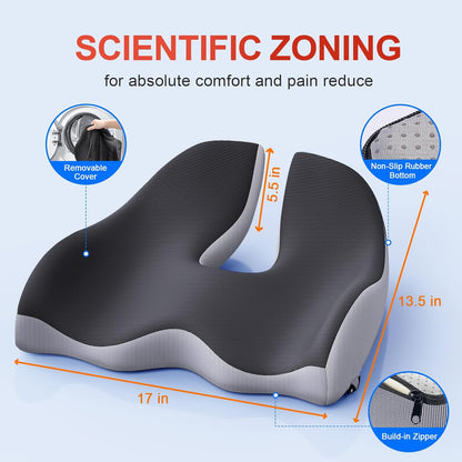 Benazcap Large Ergonomic Seat Cushion Relieves Sciatica & Tailbone Pain | Ergonomic memory foam relieves sitting strain, washable slip-resistant cover, fits office, car, gaming chairs all day
