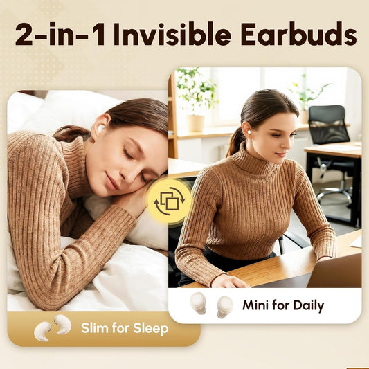 Sleep Earbuds for Side Sleepers, 2 in 1 Mini Earbuds Wireless Bluetooth for Sleeping, Discreet in-Ear Earphones for Small Ear Canals, Noise Cancelling, Small Ear Buds for Travel, Work, Relax(Beige)