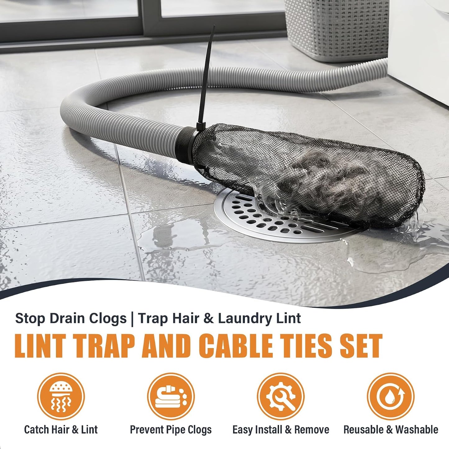 32-Piece Lint Trap and Cable Ties Set for Washing Machine, Includes 8 Nylon Mesh Lint Traps and 24 Cable Ties, Easy and Effective Lint Filtration (White)